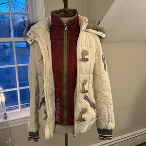 Women’s Bogner Ivory Puffer Toggle Hooded Striped Ski Jacket, Size XS/4